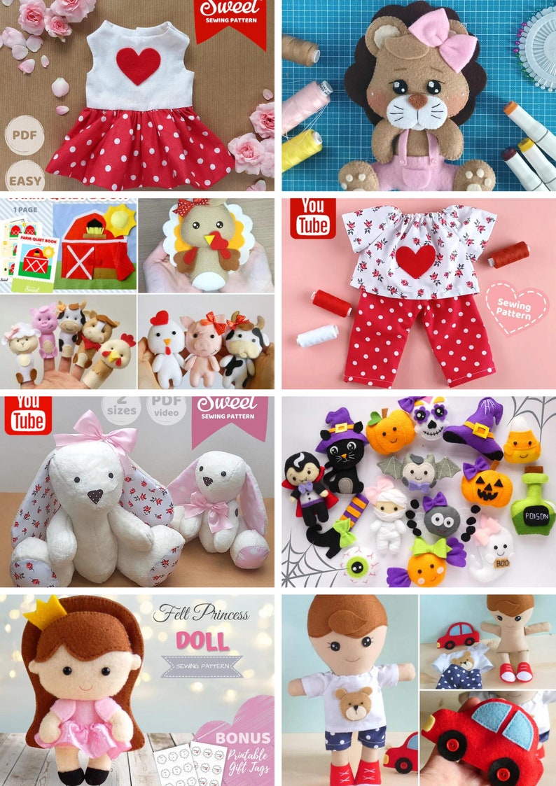 PDF Sewing Patterns Bundle Stuffed Toy Tutorials Felt Toys DIY Craft Kit Animal Patterns Rag Doll with Clothes Memory Teddy Bear Quiet Book image 8