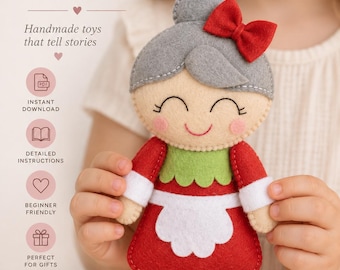 Nähanleitung für Frau Weihnachtsmann aus Filz (PDF & Tutorial) – Weihnachtsschmuck aus Filz, DIY-Weihnachtsbastelprojekt, Nähanleitung für Puppen, Mobile für Babybetten