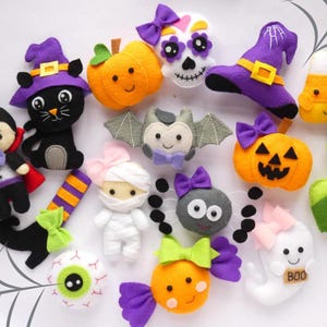 PDF Set of 15 Halloween felt Ornaments Sewing PATTERN & Tutorial - Halloween garland, Halloween plushie,  Black Cat, Bat, Pumpkin, Dracula
