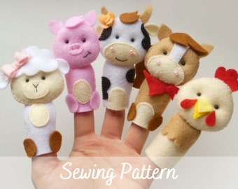 PDF Felt Farm Animals Sewing PATTERN & Tutorial -  Fingerpuppets, Horse, Lamb, Cow, Chicken, Pig, digital pattern PDF, felt barnyard animals