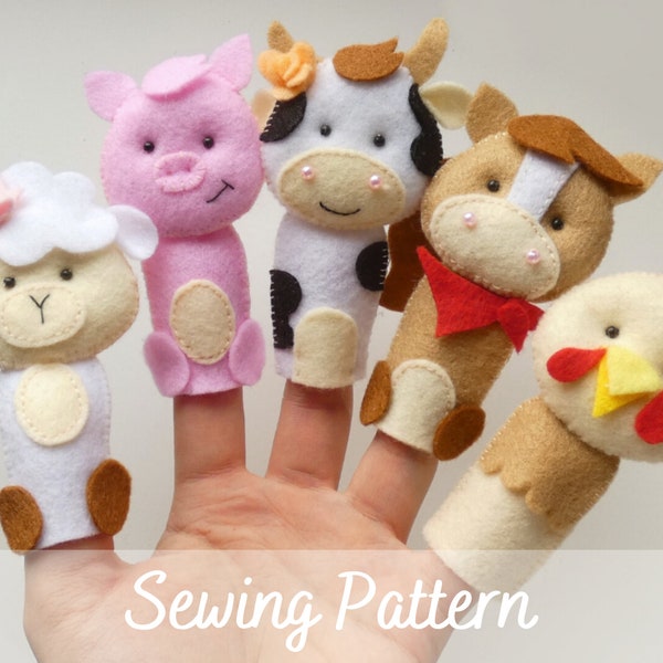 PDF Felt Farm Animals Couture PATTERN & Tutorial - Fingerpuppets, Cheval, Agneau, Vache, Poulet, Cochon, modèle numérique PDF, animaux de basse-cour en feutre