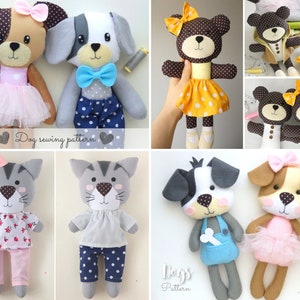 PDF Animal Rag Doll Sewing PATTERN & Tutorial - Cat Doll Pattern, Dress up Doll, Teddy Bear Soft Toy, Doll with clothes, Stuffed Dog Toy