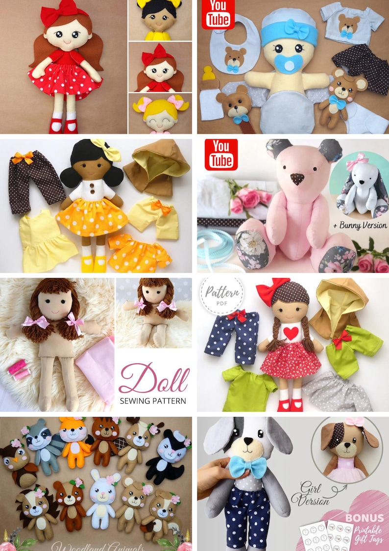 PDF Sewing Patterns Bundle Stuffed Toy Tutorials Felt Toys DIY Craft Kit Animal Patterns Rag Doll with Clothes Memory Teddy Bear Quiet Book image 4