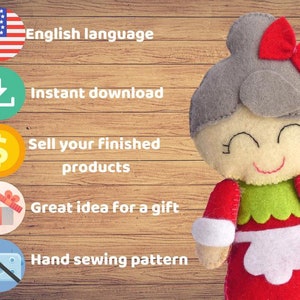 Puede incluir: Una mu&ntilde;eca de fieltro con un mo&ntilde;o gris y un lazo rojo, cara color crema con rasgos bordados, cuello festoneado verde, vestido rojo y delantal blanco. El texto incluye English language, Instant download, Sell your finished products, Great idea for a gift y Hand sewing pattern.