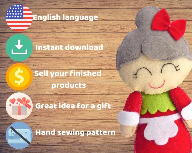 Puede incluir: Una mu&ntilde;eca de fieltro con un mo&ntilde;o gris y un lazo rojo, cara color crema con rasgos bordados, cuello festoneado verde, vestido rojo y delantal blanco. El texto incluye English language, Instant download, Sell your finished products, Great idea for a gift y Hand sewing pattern.