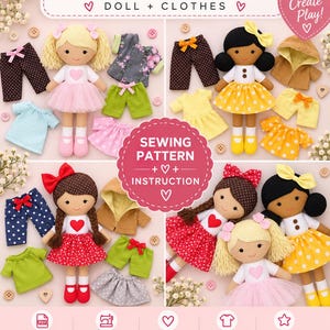 May include: A PDF sewing pattern for dolls and clothes featuring four fabric dolls with various outfits including polka dot pants, skirts, and jackets. The image includes text: PDF SEWING PATTERN DOLL + CLOTHES, SEW CREATE PLAY, SEWING PATTERN + INSTRUCTION, INSTANT DOWNLOAD, DETAILED INSTRUCTIONS, BEGINNER FRIENDLY, MULTIPLE OUTFITS, FUN & CREATIVE, Handmade Happiness.
