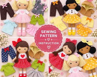 PDF Rag Doll Sewing Pattern with Clothes – Dress-Up Fabric Doll Tutorial – Soft Cloth Stuffed Doll – Instant Download
