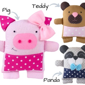 3 in 1: PDF Animal Rag Doll Sewing PATTERN & Tutorial - teddy bear pattern, soft toy, stuffed toy, panda pattern, pig pattern