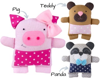 3 in 1: PDF Animal Rag Doll Sewing PATTERN & Tutorial - teddy bear pattern, soft toy, stuffed toy, panda pattern, pig pattern