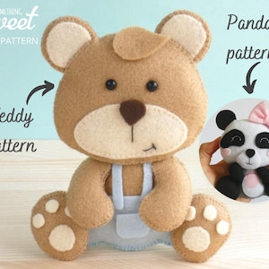 PDF Felt Teddy Doll Sewing PATTERN & Tutorial - hand sewing bear ornament, stuffed animal, baby crib mobile, panda template