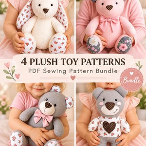 Peut inclure: Un affichage numérique présentant 4 modèles de jouets en peluche pour un ensemble de patrons de couture PDF. L'image montre un lapin blanc aux oreilles fleuries, un ours rose aux pieds fleuris, un ours gris avec un nœud rose et un ours gris.