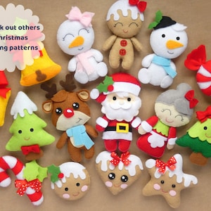 Puede incluir: Una colecci&oacute;n de adornos navide&ntilde;os de fieltro que incluye un mu&ntilde;eco de nieve, un hombre de jengibre, un reno, Santa Claus, la Sra. Claus, un bast&oacute;n de caramelo, un regalo, un caramelo y &aacute;rboles de Navidad. El texto dice: Check out others Christmas sewing patterns.