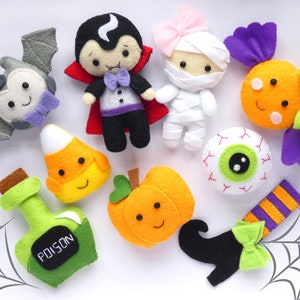 Set of 9 Halloween felt ornaments PATTERN PDF - Halloween garland, Halloween plushie  pattern,  Candy Corn, Bat, Pumpkin, Dracula pattern