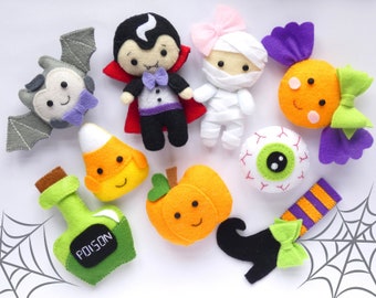 9Er Set Halloween Filz Ornamente MUSTER PDF - Halloween Girlande, Halloween Plüschmuster, Candy Corn, Fledermaus, Kürbis, Dracula Muster