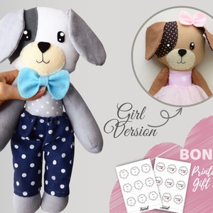 PDF Dog Doll Sewing PATTERN & Tutorial - Animal Rag Doll, Dress up Doll, Plush Puppy Pattern, Doll with Clothes, Soft Toy, Stuffed Doll