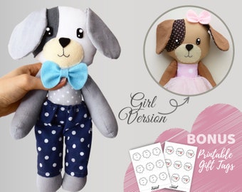 PDF Dog Doll Sewing PATTERN & Tutorial - Animal Rag Doll, Dress up Doll, Plush Puppy Pattern, Doll with Clothes, Soft Toy, Stuffed Doll