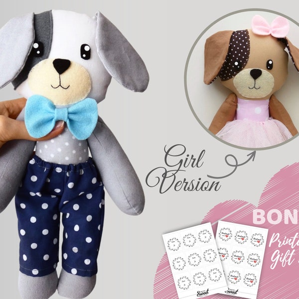 PDF modèle et tutoriel de couture pour poupée chien - poupée de chiffon animal, poupée déguisée, modèle chiot en peluche, poupée avec des vêtements, peluche, poupée en peluche