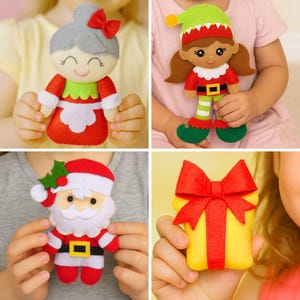 Ensemble de 5 ornements de Noël en feutre à coudre PATRON PDF et tutoriel - Père Noël, poupée elfe de Noël, Mme Noël, jouets en peluche