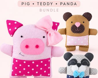 3 in 1: PDF Animal Rag Doll Sewing PATTERN & Tutorial - teddy bear pattern, soft toy, stuffed toy, panda pattern, pig pattern