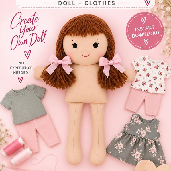 PDF Rag Doll Sewing Pattern with Clothes – Soft Fabric Doll Tutorial – 18 Inch Dress Up Doll – Stuffed Toy DIY