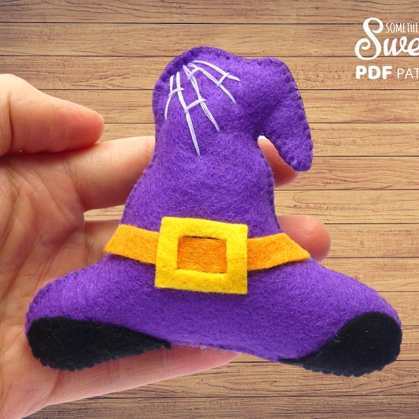 PDF felt Halloween Witch Hat Sewing PATTERN & Tutorial - Halloween ornament, stuffed toy, Halloween garland