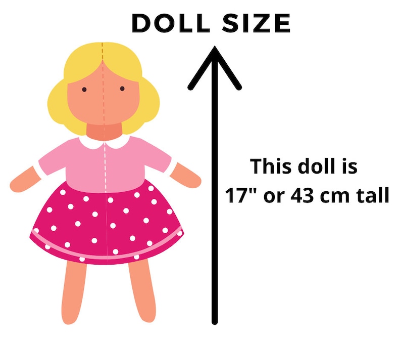 K&ouml;nnte beinhalten: Eine Puppe in einem rosa-wei&szlig; gepunkteten Kleid mit blonden Haaren. Die Puppe ist 17" oder 43 cm gro&szlig;.