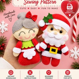 Puede incluir: Un patr&oacute;n de costura digital para adornos de fieltro de Santa Claus y la Se&ntilde;ora Claus. El texto dice Santa & Mrs. Claus Sewing Pattern, Cute Easy Fun To Make, Handmade with Love, Instant Download, Detailed Instructions, Beginner Friendly.