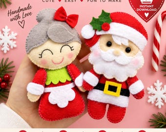 Patrón y tutorial de costura en PDF para Papá Noel y Mamá Noel de fieltro - Adorno para árbol de Navidad, juguete para cuna, juguete de peluche