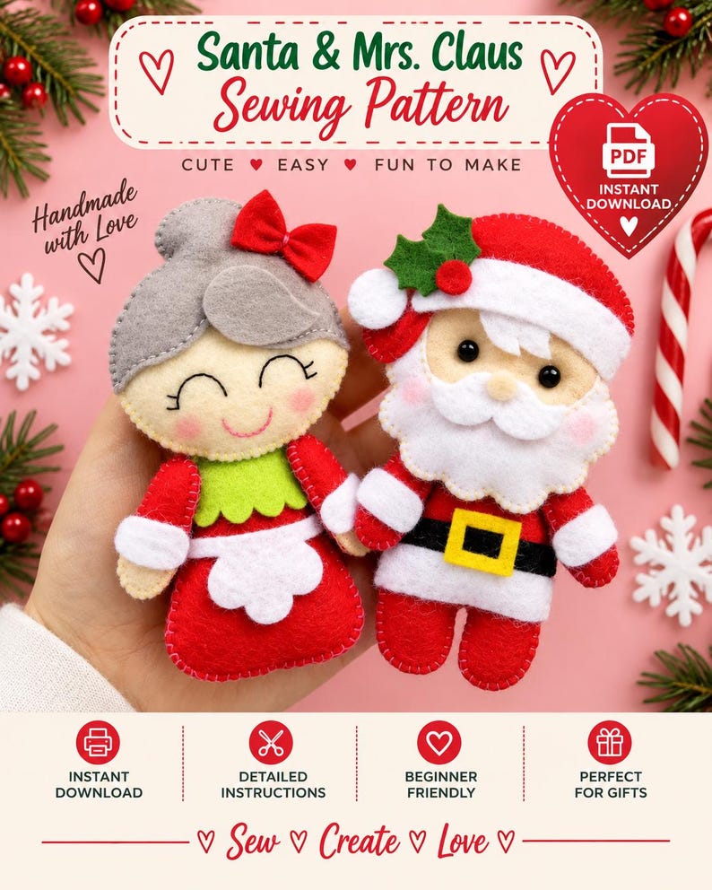 Puede incluir: Un patr&oacute;n de costura digital para adornos de fieltro de Santa Claus y la Se&ntilde;ora Claus. El texto dice Santa & Mrs. Claus Sewing Pattern, Cute Easy Fun To Make, Handmade with Love, Instant Download, Detailed Instructions, Beginner Friendly.