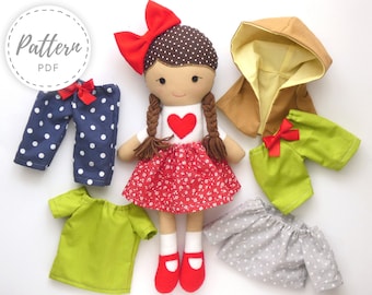 PDF Rag Doll avec des vêtements Patron de couture et tutoriel - habiller poupée, modèle de poupée en tissu, modèle de poupée en tissu, modèle de jouet doudou, poupée DIY