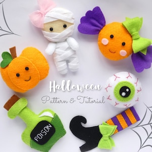 Set of 6 Halloween felt  ornaments PATTERN PDF - Halloween garland, Halloween plushie pattern, Mummy, Pumpkin