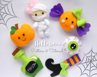 Set of 6 Halloween felt  ornaments PATTERN PDF - Halloween garland, Halloween plushie pattern, Mummy, Pumpkin