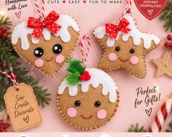 Patrón de costura en PDF - Juego de 3 adornos navideños de fieltro con forma de pan de jengibre - tutorial de costura, decoración navideña de fieltro, decoración festiva