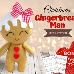 Gingerbread man felt christmas ornament felt sewing PATTERN PDF & Tutorial