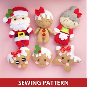 Set of 6 Christmas felt ornaments sewing PATTERN & Tutorial - Santa Claus pattern, gingerbread plush decoration, christmas decor
