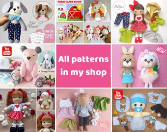 PDF Sewing Patterns Bundle Stuffed Toy Tutorials Felt Toys DIY Craft Kit Animal Patterns Rag Doll with Clothes Memory Teddy Bear Quiet Book