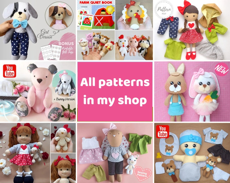 PDF Sewing Patterns Bundle Stuffed Toy Tutorials Felt Toys DIY Craft Kit Animal Patterns Rag Doll with Clothes Memory Teddy Bear Quiet Book image 1