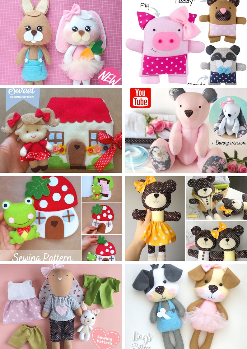 PDF Sewing Patterns Bundle Stuffed Toy Tutorials Felt Toys DIY Craft Kit Animal Patterns Rag Doll with Clothes Memory Teddy Bear Quiet Book image 5