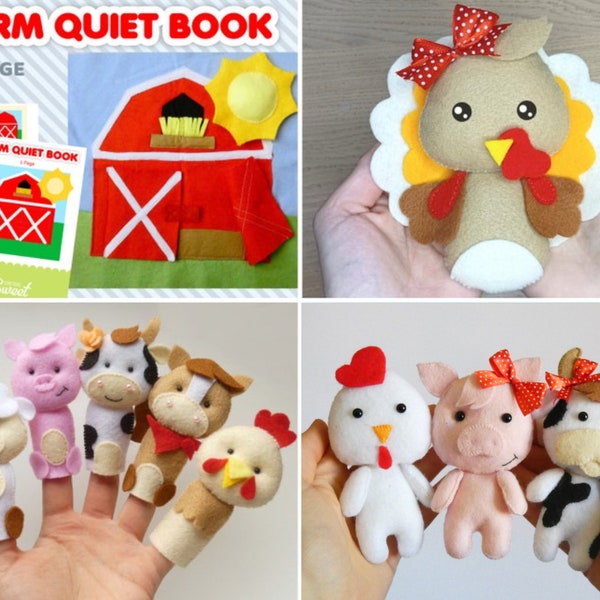 PDF Felt Farm Animals and Quiet Book Sewing PATTERN & Tutorial -  Fingerpuppets, Horse, Lamb, Cow, Chicken, Pig, digital pattern