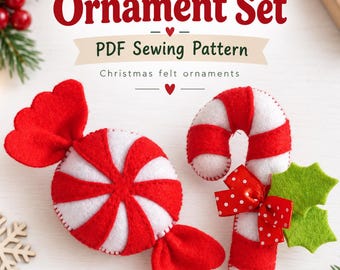 Patrón y tutorial en PDF para coser un bastón de caramelo de fieltro - patrón de caramelo de menta, decoración de peluche, decoración navideña, proyecto de costura
