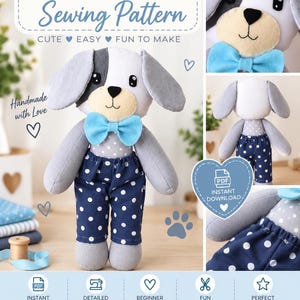 Peut inclure: Un patron de couture pour une poupée chien en peluche avec le texte DOG DOLL Sewing Pattern, CUTE EASY FUN TO MAKE, Handmade with Love, INSTANT DOWNLOAD, DETAILED INSTRUCTIONS, BEGINNER FRIENDLY, FUN TO MAKE, PERFECT FOR GIFTS, Sew Create Love.