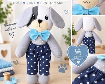 May include: A sewing pattern for a stuffed dog doll featuring text that reads DOG DOLL Sewing Pattern, CUTE EASY FUN TO MAKE, Handmade with Love, INSTANT DOWNLOAD, DETAILED INSTRUCTIONS, BEGINNER FRIENDLY, FUN TO MAKE, PERFECT FOR GIFTS, Sew Create Love.