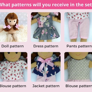 K&ouml;nnte beinhalten: Ein Set mit Puppenkleidungs-Schnitten, darunter ein Puppen-Schnitt, ein Kleid-Schnitt, ein Hosen-Schnitt, ein Blusen-Schnitt, ein Jacken-Schnitt und ein weiterer Blusen-Schnitt. Die Schnitte zeigen Blumenmuster, Punkte und einen blau-wei&szlig;en Druck mit einem Hasenmotiv.