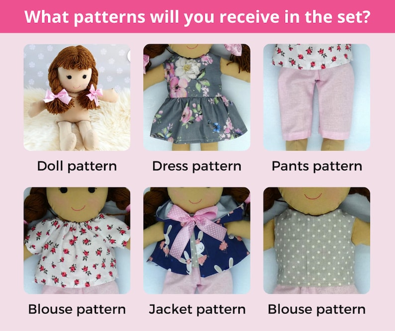 K&ouml;nnte beinhalten: Ein Set mit Puppenkleidungs-Schnitten, darunter ein Puppen-Schnitt, ein Kleid-Schnitt, ein Hosen-Schnitt, ein Blusen-Schnitt, ein Jacken-Schnitt und ein weiterer Blusen-Schnitt. Die Schnitte zeigen Blumenmuster, Punkte und einen blau-wei&szlig;en Druck mit einem Hasenmotiv.
