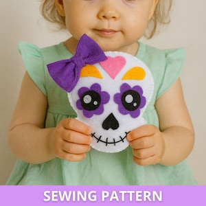 PDF in feltro - MODELLO e tutorial per cucire un teschio di zucchero di Halloween - Ornamento di Halloween, modello di peluche per principianti, giocattolo di peluche, ghirlanda di Halloween
