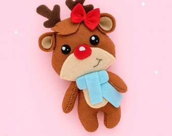 Felt Reindeer Christmas ornament felt sewing PATTERN PDF & Tutorial - Santa&#39;s Rudolph reindeer, baby crib mobile, stuffed toy