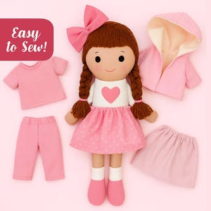Rag Doll & Clothes Sewing Pattern – Soft Fabric Doll PDF with Dress, Pants, Blouse, Coat, Skirt – Easy DIY Toy Tutorial