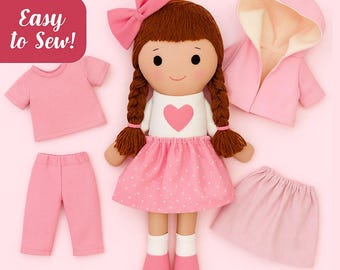 Rag Doll & Clothes Sewing Pattern – Soft Fabric Doll PDF with Dress, Pants, Blouse, Coat, Skirt – Easy DIY Toy Tutorial