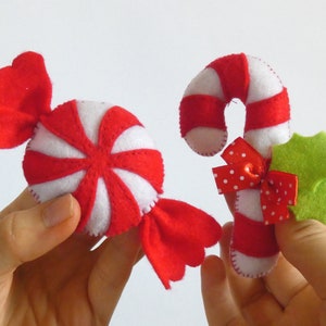 PDF Felt Candy Cane Sewing PATTERN & Tutorial - peppermint candy pattern, plush decoration, christmas decor, sewing project