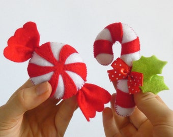 PDF Felt Candy Cane Sewing PATTERN & Tutorial - peppermint candy pattern, plush decoration, christmas decor, sewing project